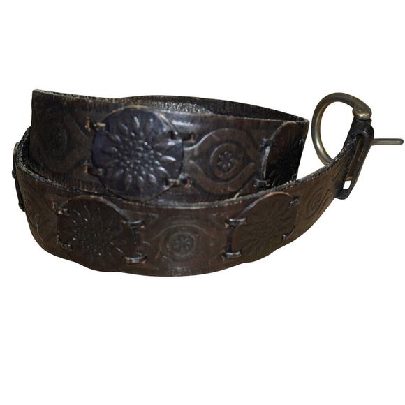 Vintage Tooled Leather Belt Floral Embossed Brass Buckle Medium - Picture 4 of 7